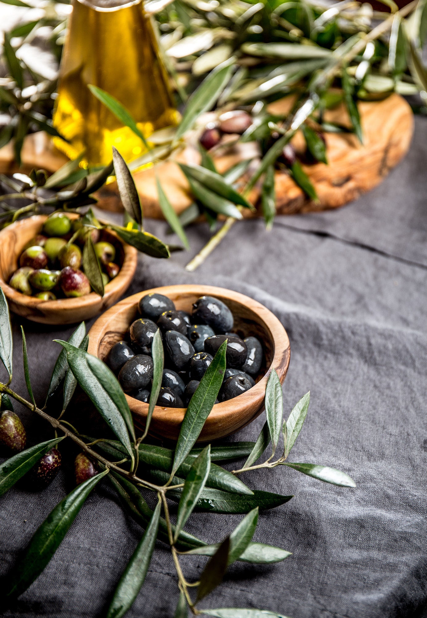 Fresh Olives, Olive Oil and Olives Tree Leaves